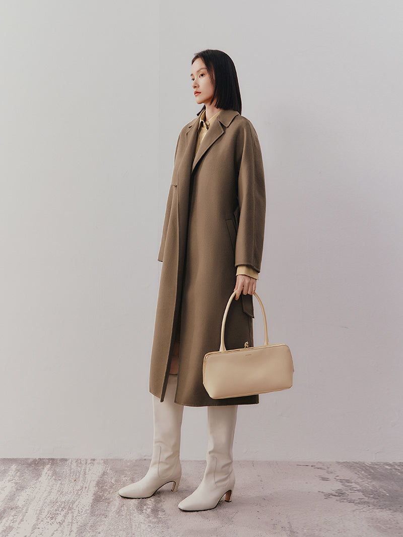 Women's Brown 100% Sheep Wool Belted Long Coat