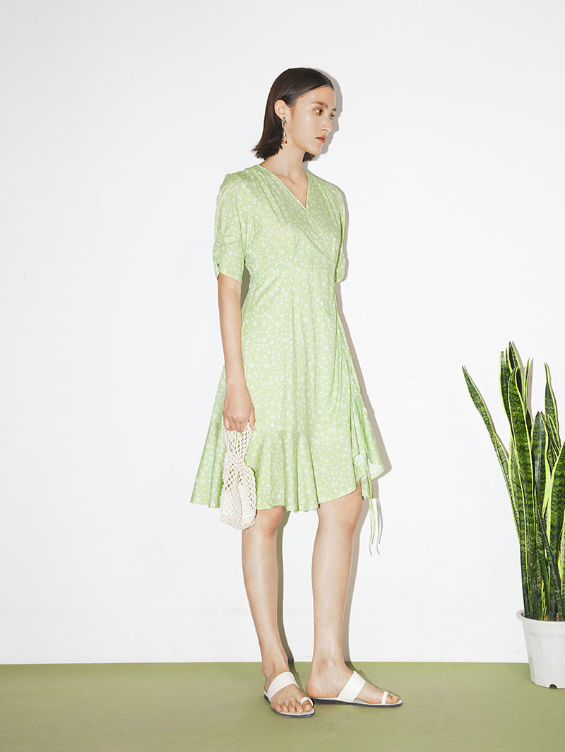 Women's Floral Light Green V Neck A-Line 100% Cotton Wrap Dress