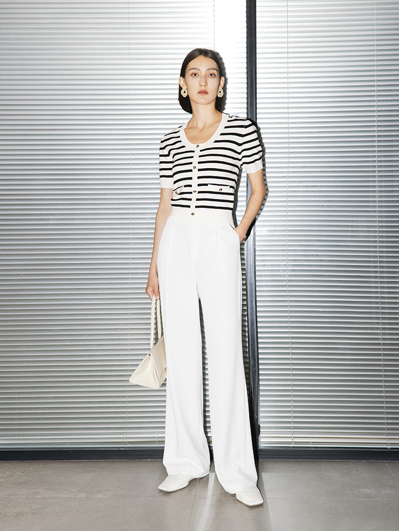 Women's White Round Neck Short Sleeves Buttons Knit Top