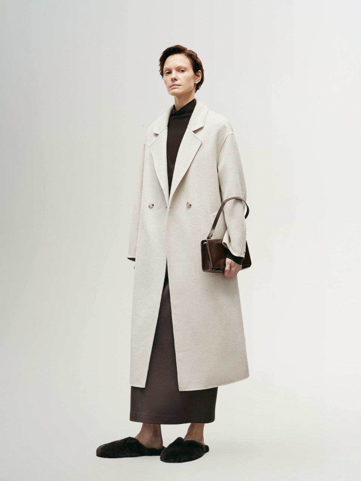 Women's Natural White Notch Lapel Wool Tie Belt Winter Coat