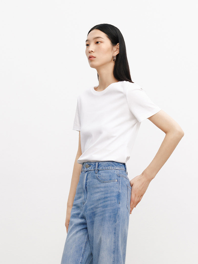Women's White Round Neck Short Sleeve Casual Cotton T-Shirt