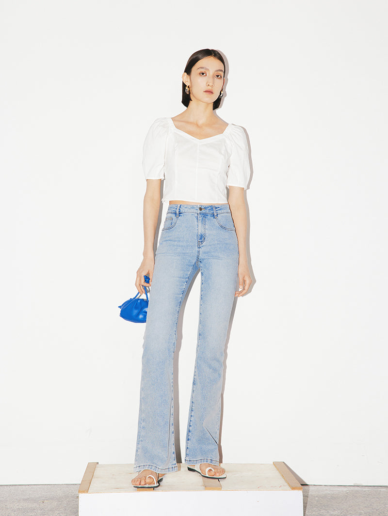 Women's White Square Neck Puff Sleeves High Quality Cotton Short Blouse Shirt