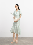 Women's Floral Mint Green V Neck Slim Fit Breathable Lyocell Dress