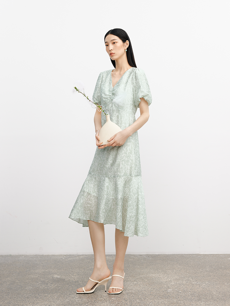 Women's Floral Mint Green V Neck Slim Fit Breathable Lyocell Dress
