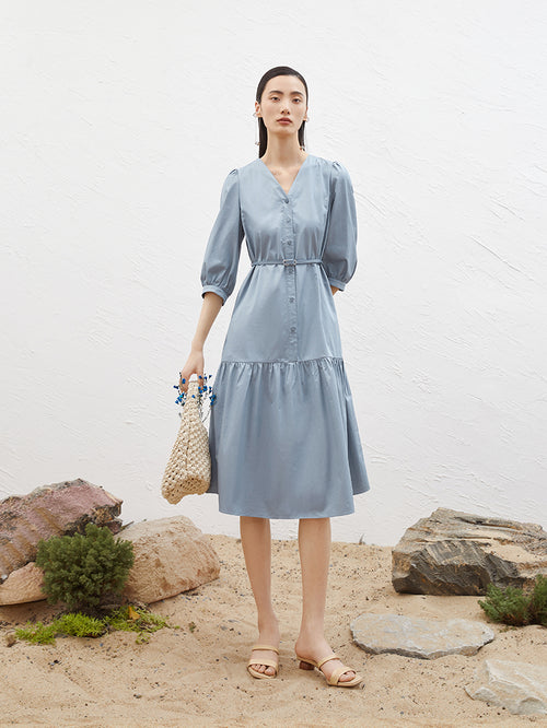 Load image 1 in gallery view. Women's Blue V Neck Puff Sleeve Natural Waist Dress