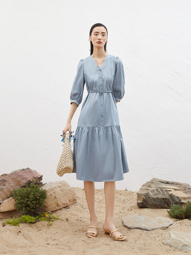 Women's Blue V Neck Puff Sleeve Natural Waist Dress