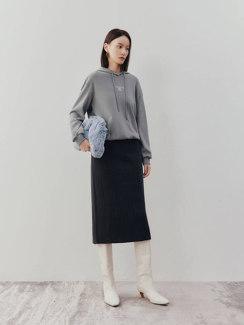 Women's Winter Dark Gray Straight Fit Elastic Waist Wool Skirt