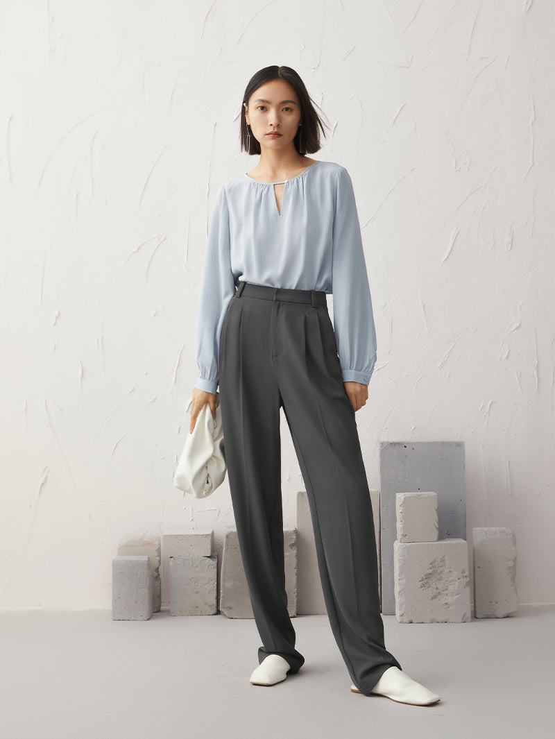 Women's Light Blue V Neck 100% Silk Blouse