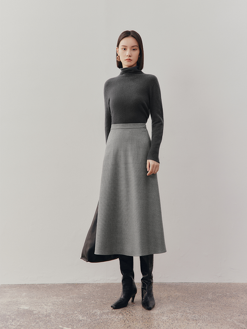 Women's Pearl Gray Sheep Woolen Flare Dress Skirt