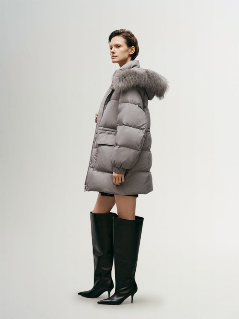 Women's Gray Warm Goose Puffer Hooded Jacket with Fur