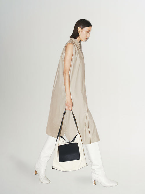 Load image 1 in gallery view. Women's Light Beige Stylish Stand Collar H Shape 100% Cotton Dress