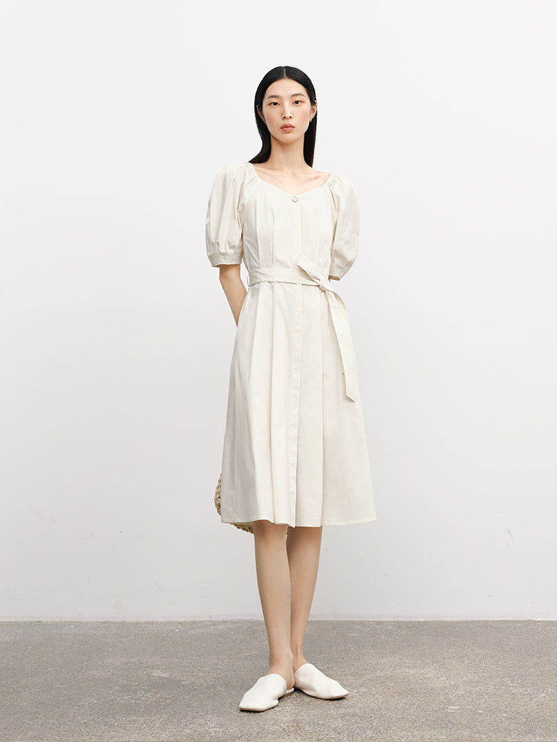 Women's Off-White Square Neck Puff Sleeves Button Down Belted Dress
