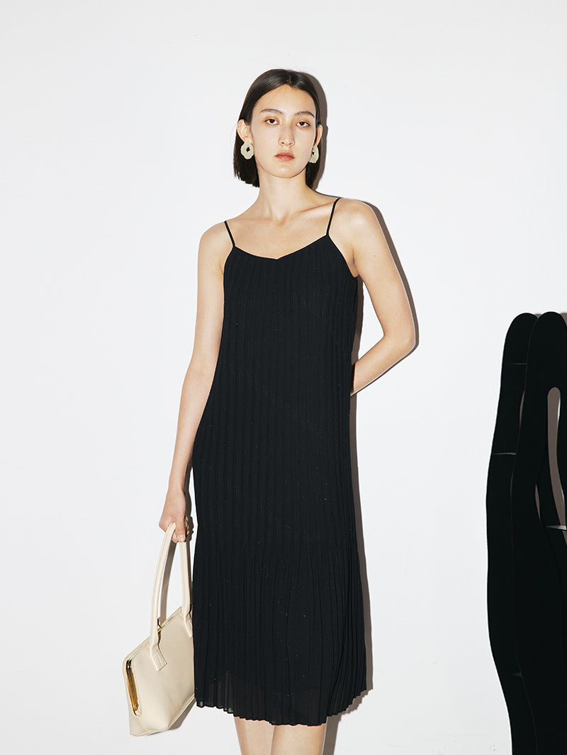 Women's Black V Neck Silver Tiny Shiny Fabric Slip Dress