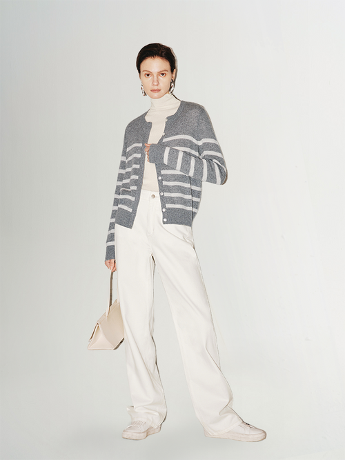 Load image 1 in gallery view. Light gray striped cashmere cardigan with round neck and long sleeves