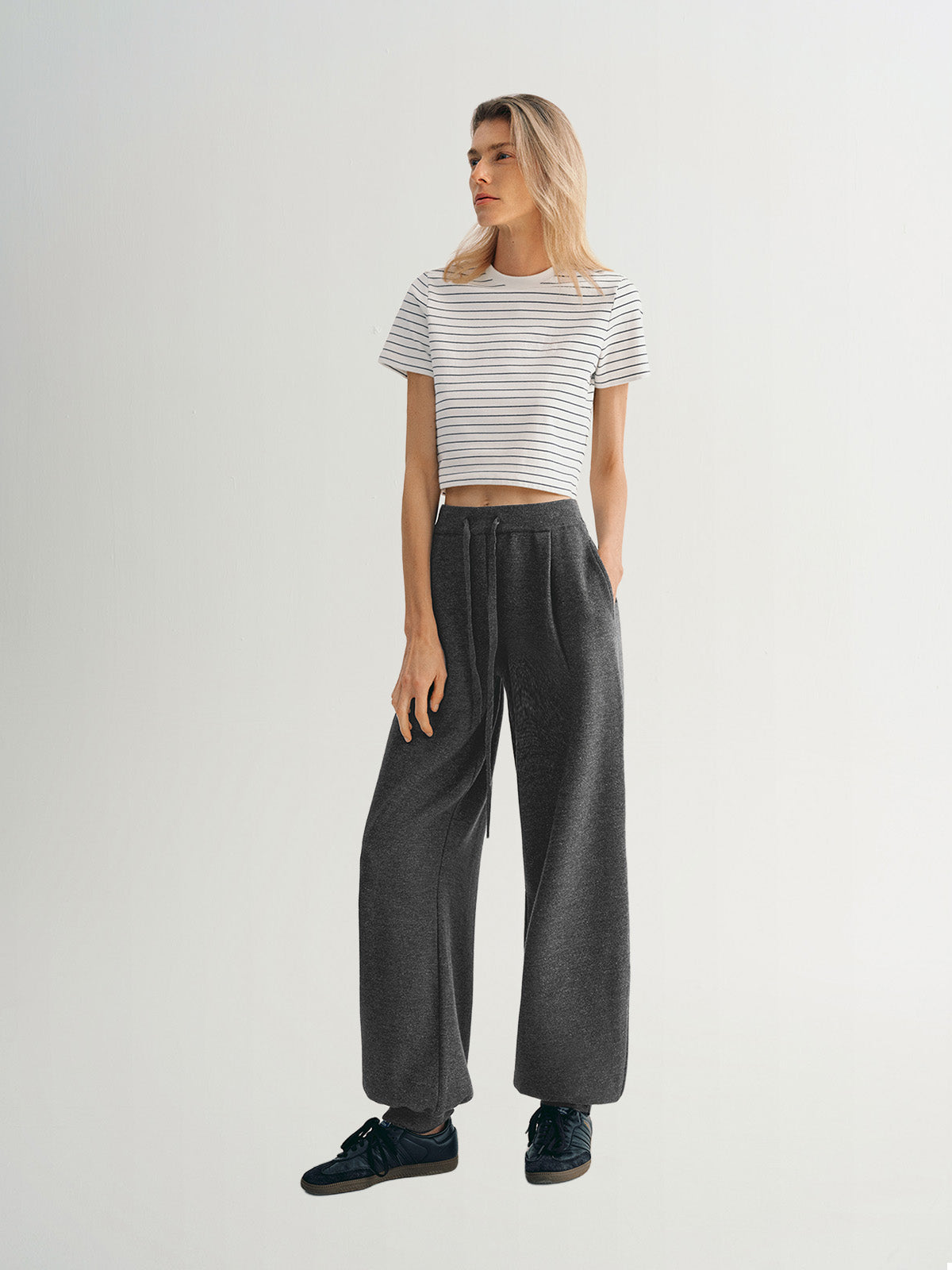 Dark gray casual straight pants with drawstring