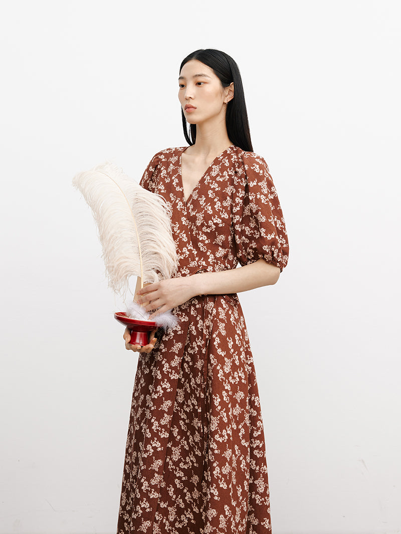 Women's Floral Underglaze Red V Neck Puff Sleeves Wrap Dress