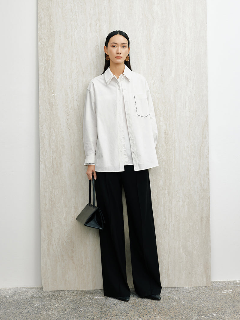 Women's White Collar Long Sleeve Cotton Triacetate Shirt