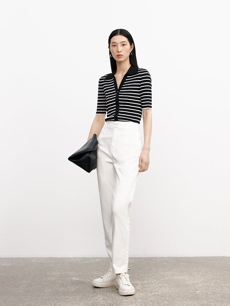 Striped button-down polo shirt