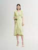 Green floral print dress with V-neck and pleated design