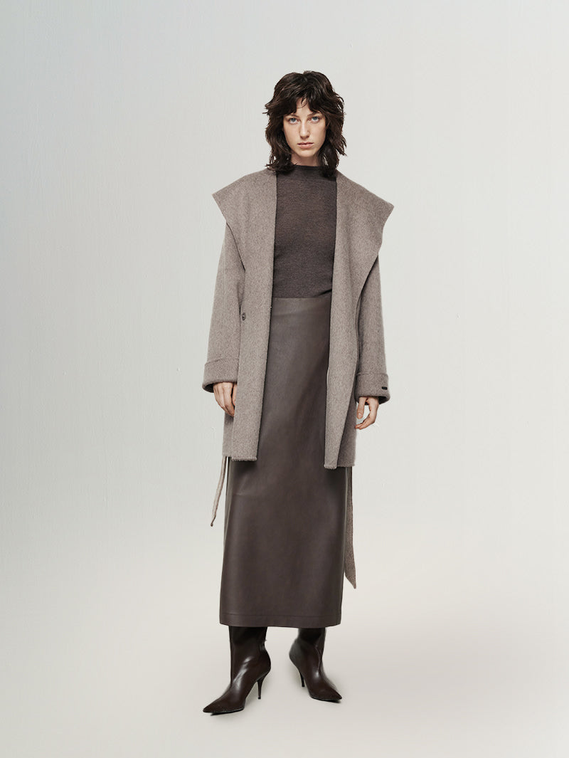 Women's Gray Camel Lapel Long Sleeves Wool Tie Belt Winter Coat