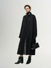 Black wool coat with a straight collar, straight cut and buttons