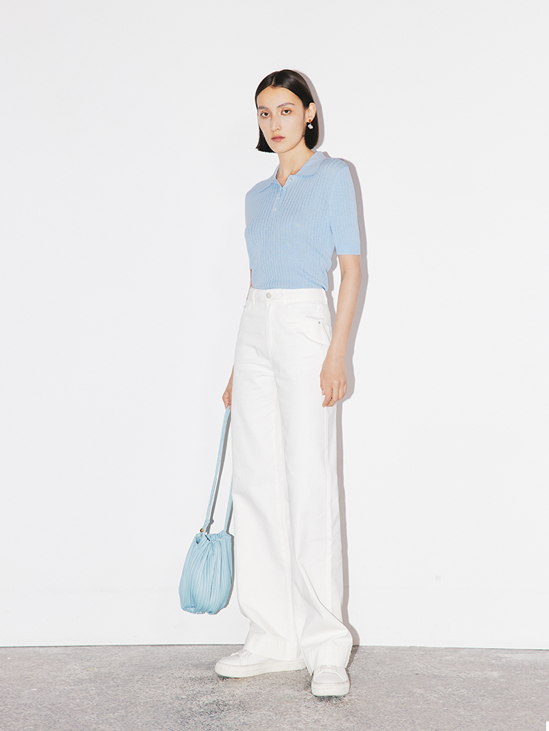 Women's Sky Blue Polo Neck Short Sleeves Knit Top