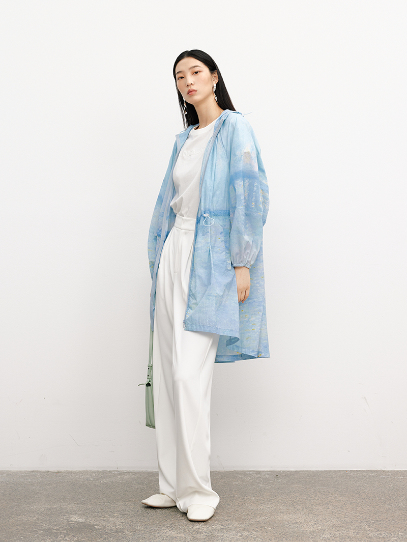 Women's Floral Blue Drawstring Waist Zipper Hoodie Middle Length Jacket