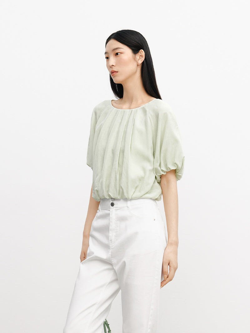 Women's Light Green Round Neck Puff Sleeve Blouse Top