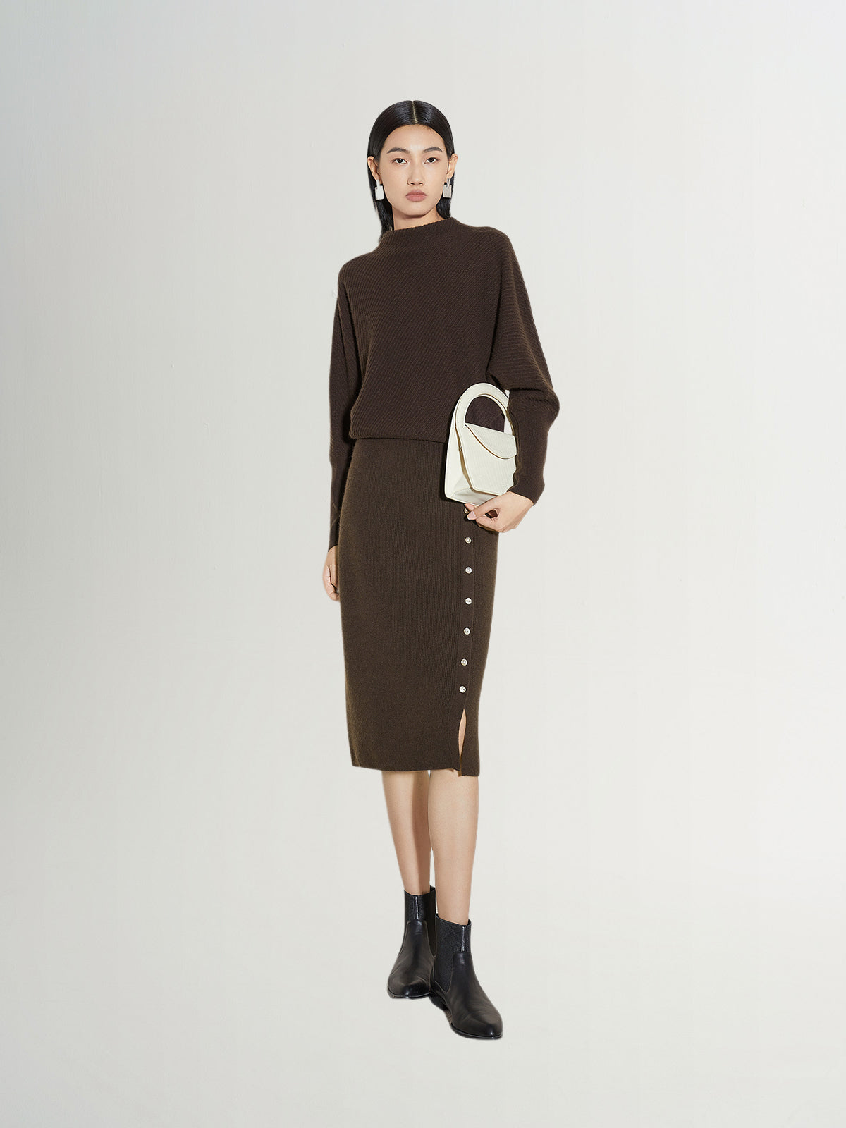 Women's Winter Brown Straight Fit Cashmere Knit Skirt