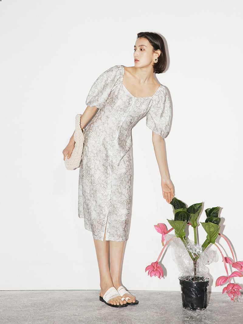 Women's Floral Light Gray Square Neck Puff Sleeves Breathable Lyocell Middle Length Dress