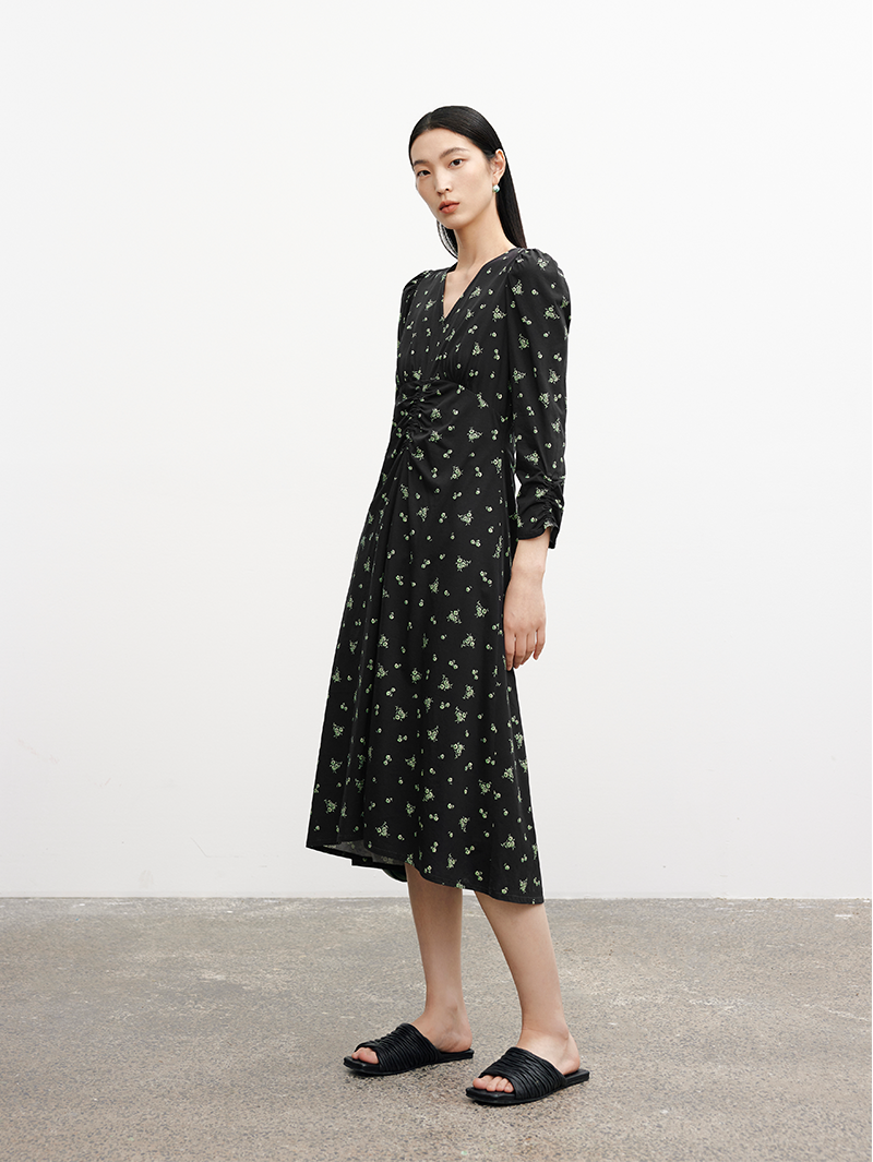 Black cotton mid-length dress with floral patterns