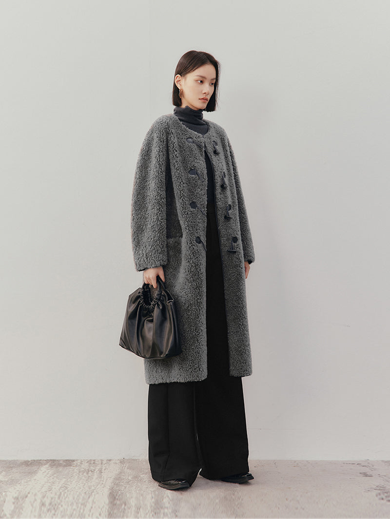 Women's Gray Round Neck Toggle Wool Long Coat