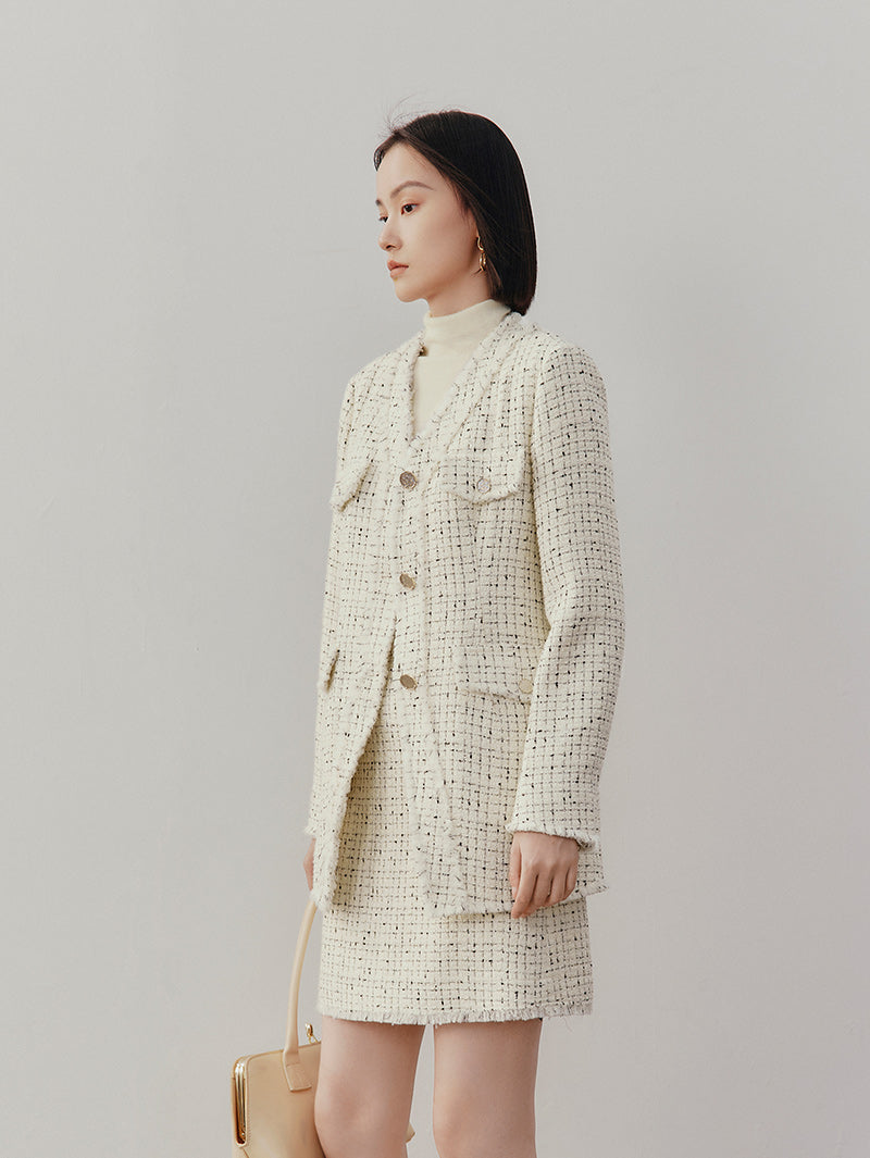 Women's White V Neck Woolen Tweed Coat Jacket