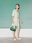 Women's Mint Green V Neck Short Sleeves Pleated Waist Dress