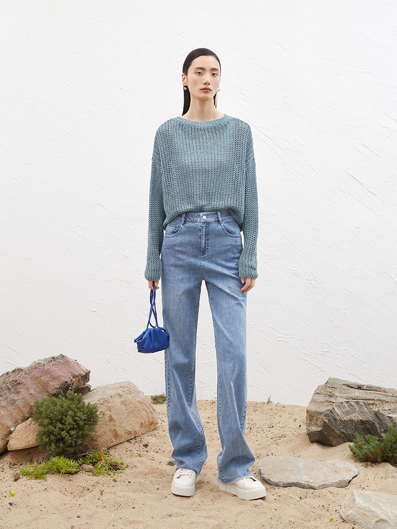 Women's Blue Round Neck Long Sleeve Sweater