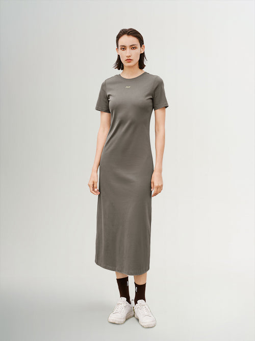 Load image 1 in gallery view. Women's Sandstone Brown Round Neck Short Sleeves Cotton Jersey Dress 5E7193081