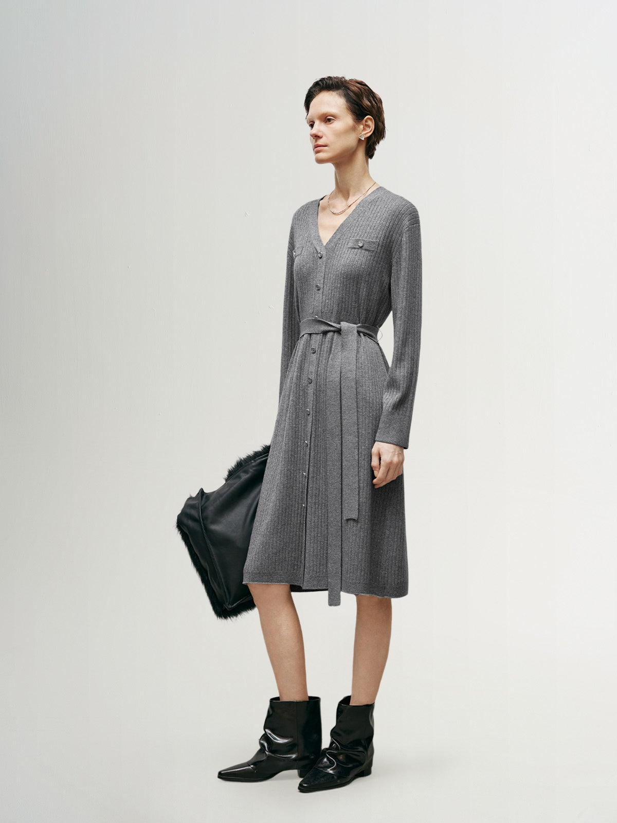 Women's Rock Gray V Neck Rib Knit Tie Belt Jersey Dress
