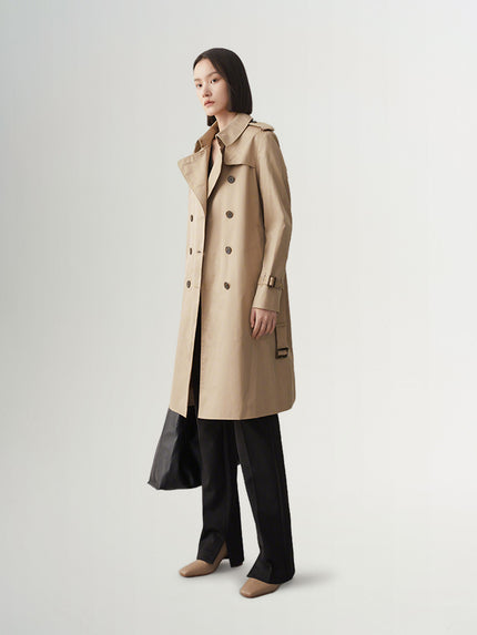 Women's Khaki Double Breasted Long Trench Coat Belt