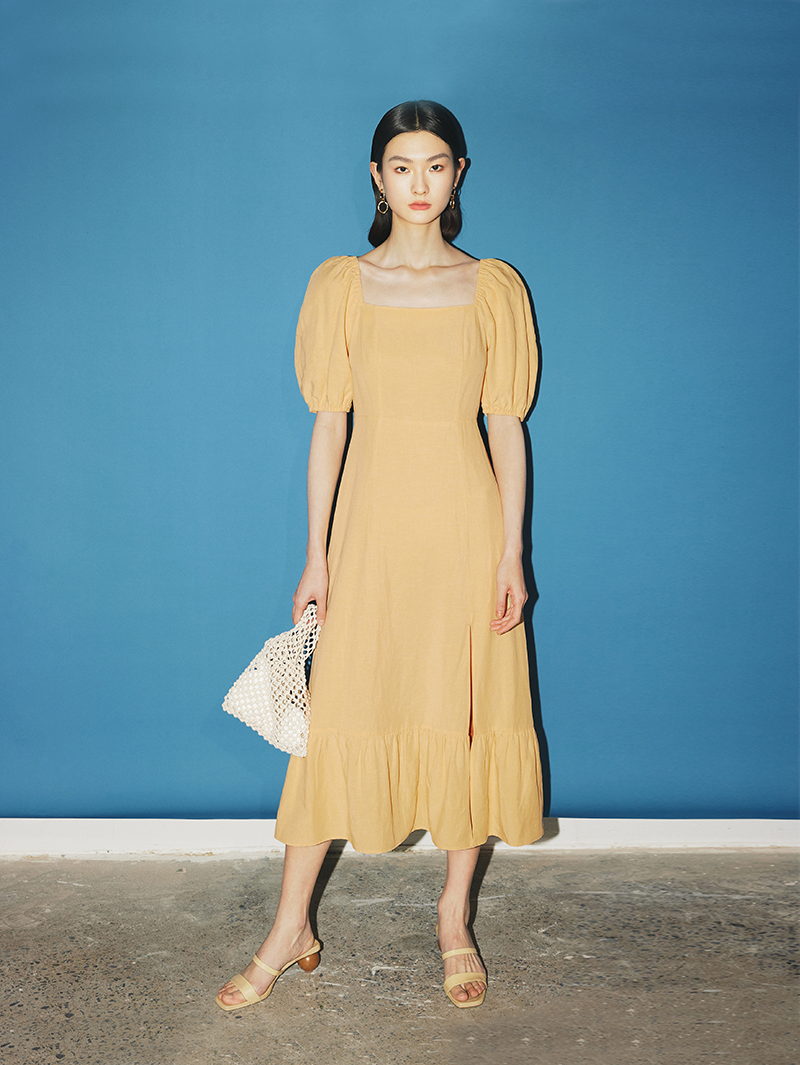 Women's Sunset Orange Square Neck Puff Sleeves High Waist Frill Hem Dress