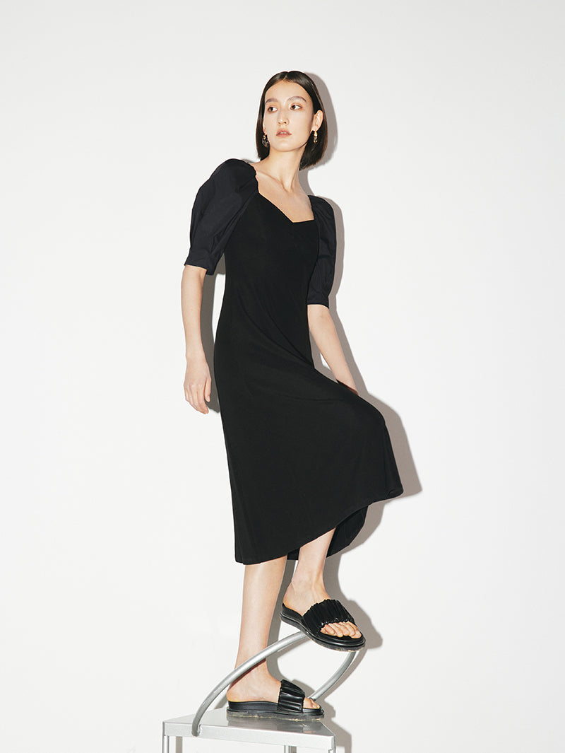 Women's Black Square Neck Puff Sleeves Smooth Vinegar Dress