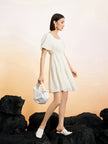 Women's Light Beige Square Neck Puff Sleeves Pleated Fabric Dress