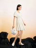 Women's Light Beige Square Neck Puff Sleeves Pleated Fabric Dress