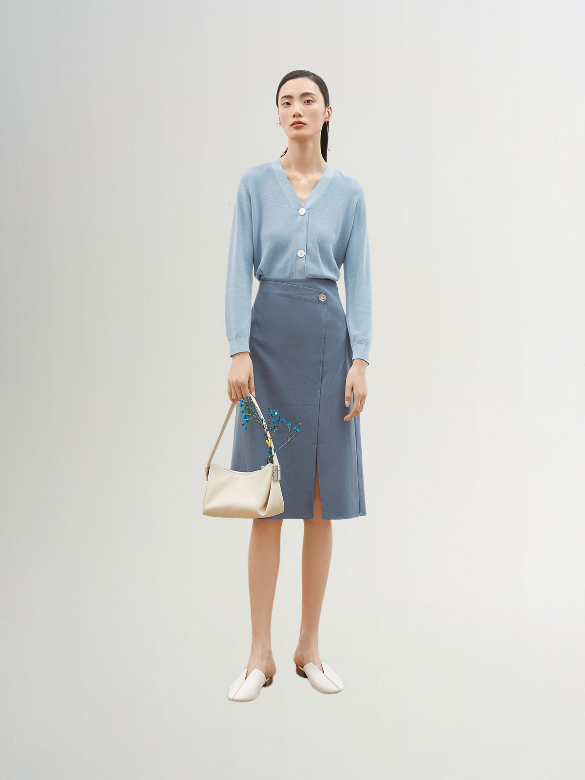 Blue mid-length straight skirt