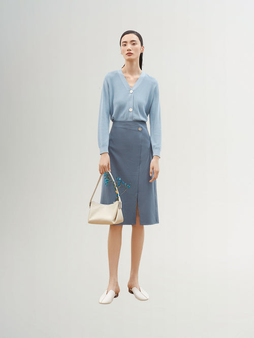 Load image 1 in gallery view. Blue mid-length straight skirt