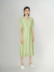 Women's Light Green V Neck Short Sleeves  Shirring Smocking Design Dress