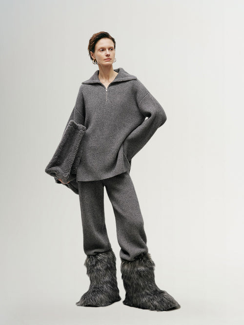 Load image 1 in gallery view. Women's Gray Wide Leg 100% Wool Knitted Pants