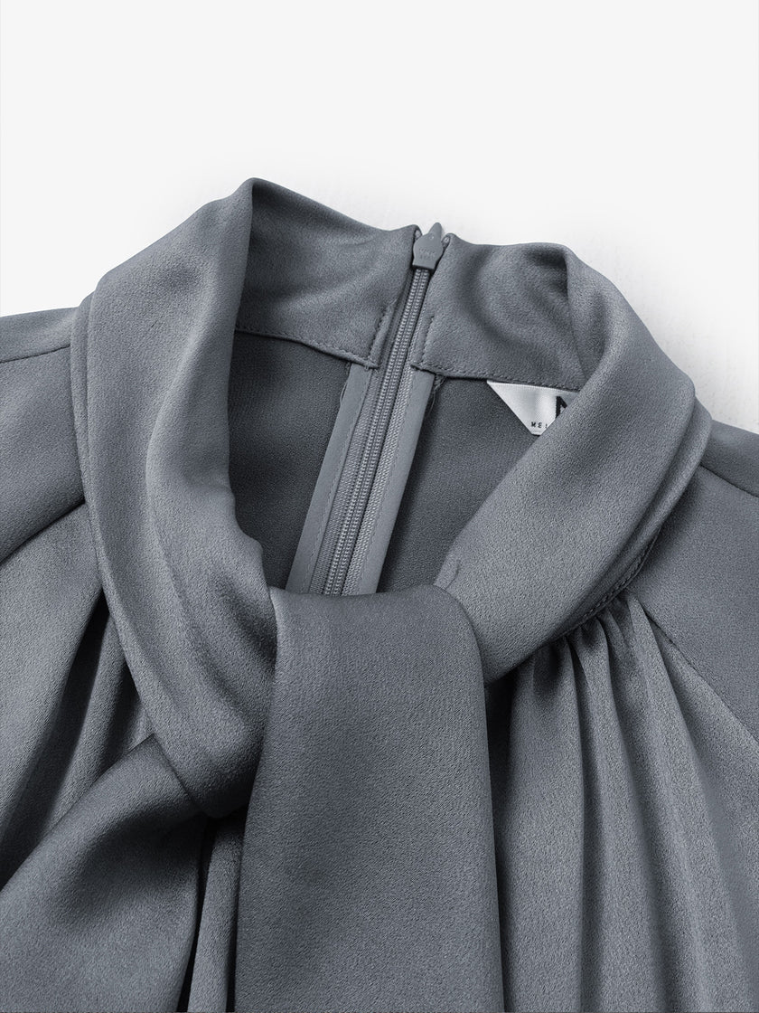 Women's Grey Tie Neck Long Sleeves Belted Dress