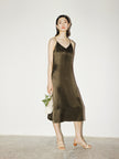 Women's Sandstone Brown V Neck Smooth Acetate Slip Dress