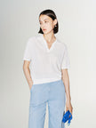 Women's White Polo V Neck Short Sleeve Knitwear Top