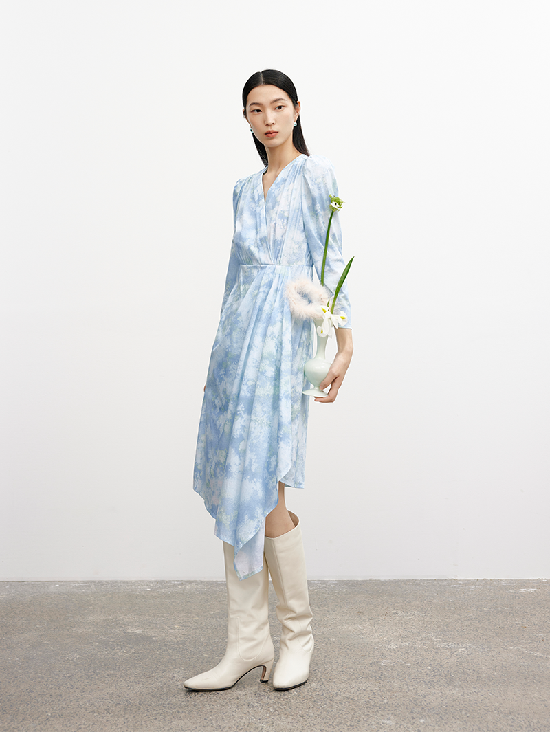 Women's Floral Sky Blue V Neck Pleated Waist Irregular Hem Dress